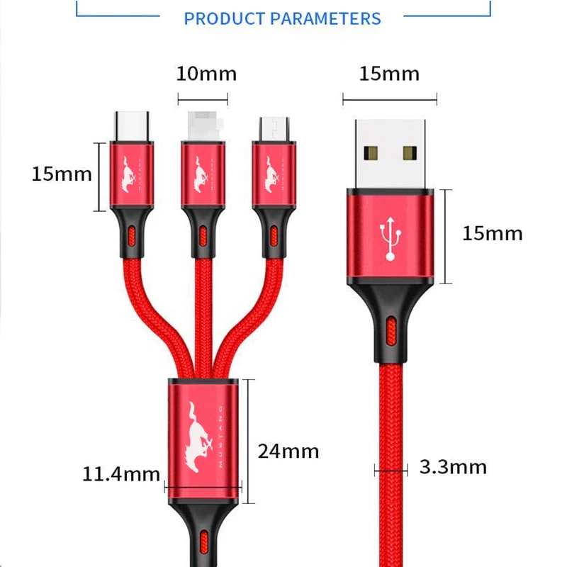 

3 In 1 Mobile Phone 3A Micro USB Type C Charger for Huawei IPhone 11 Pro XR XS Max X Fast Charging for Ford Mustang GT SHELBY