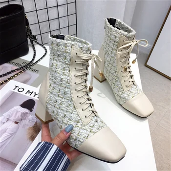 

INS HOT 2020 Women Lace Up Ankle Boots Luxury Designer Square Toe Chelsea Boots Thick High Heels Gladiator Boots Vintage Shoes