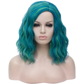 

GAKA Women Ombre Green Short Cosplay Synthetic Wigs Heat Resistant Fiber Wire Wavy Fake Pink Hair Middle Part