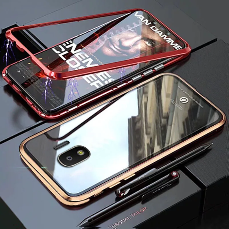Чехол YonLinTan Coque для samsung galaxy J4 Plus J4Plus Металлическая магнитная рамка из твердого закаленного стекла, задняя крышка для телефона