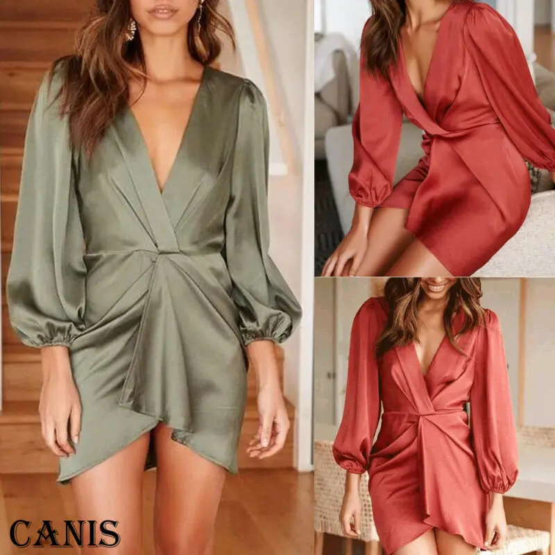 

Fashion Women Sexy Deep V-Neck Above Knee Dress Solid Puff Long Sleeve Wrap Evening Party Club Dress Sundress