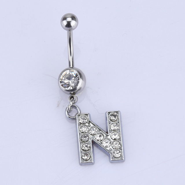 26 letter style Charming Body Piercing Crystal Rhinestone Inlaid Navel Belly Button Ring stainless steel jewelry