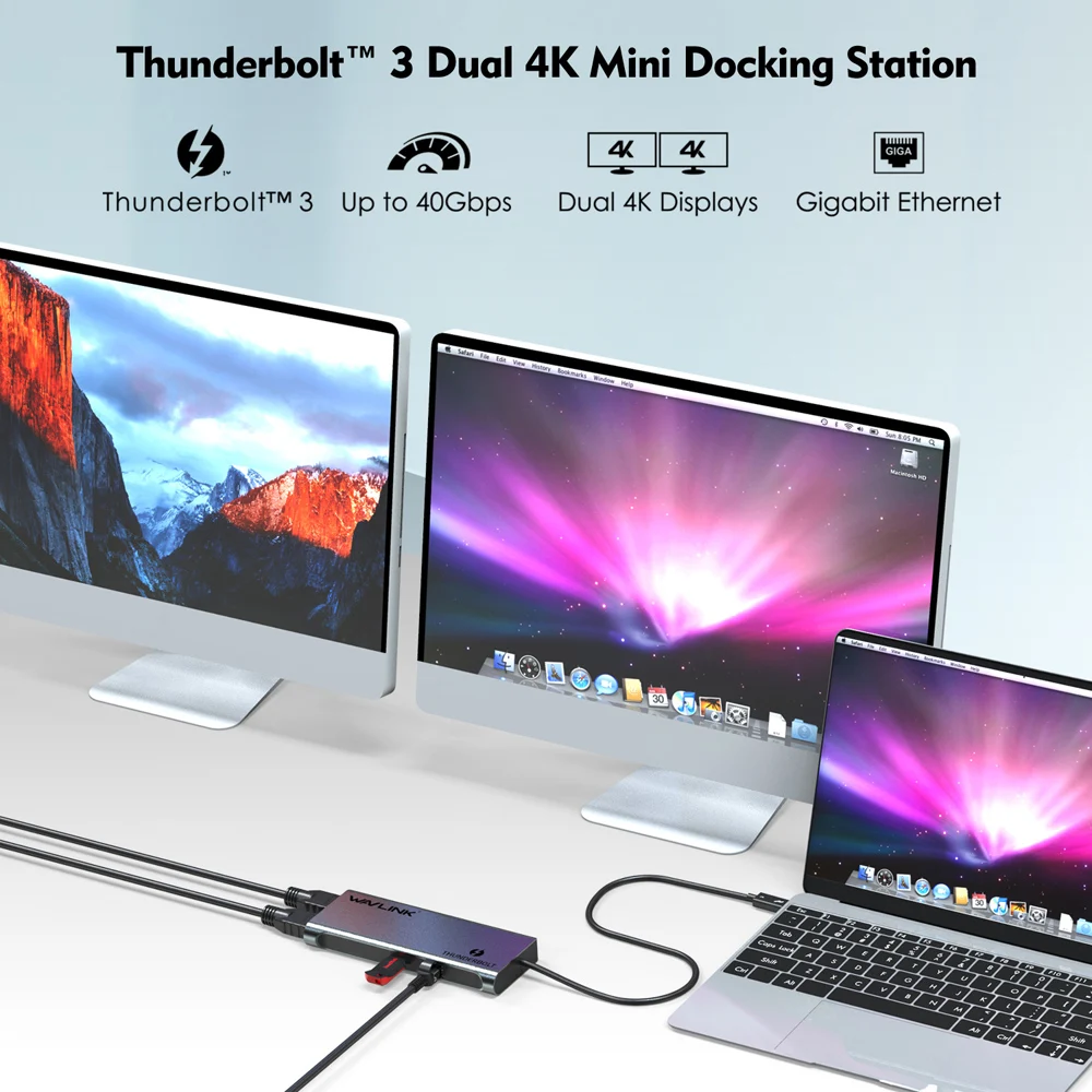 Док станция Wavlink Thunderbolt 3 USB C Dual 4K @ 60Hz DisplayPort с 0 Gigabit Ethernet для ноутбука Macbook