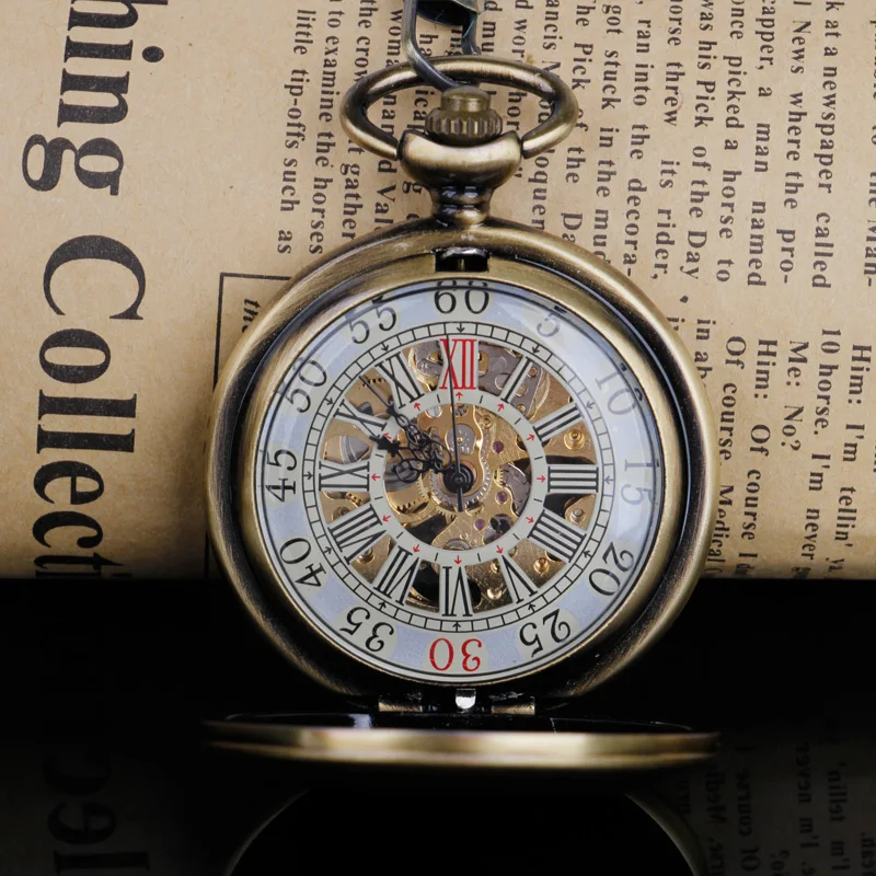 Best Gifts Hand Wind Mechanical Pocket Watch With Fob Chain Mens Hollow Skeleton Dial Bronze Steel Steampunk Watch Relogio