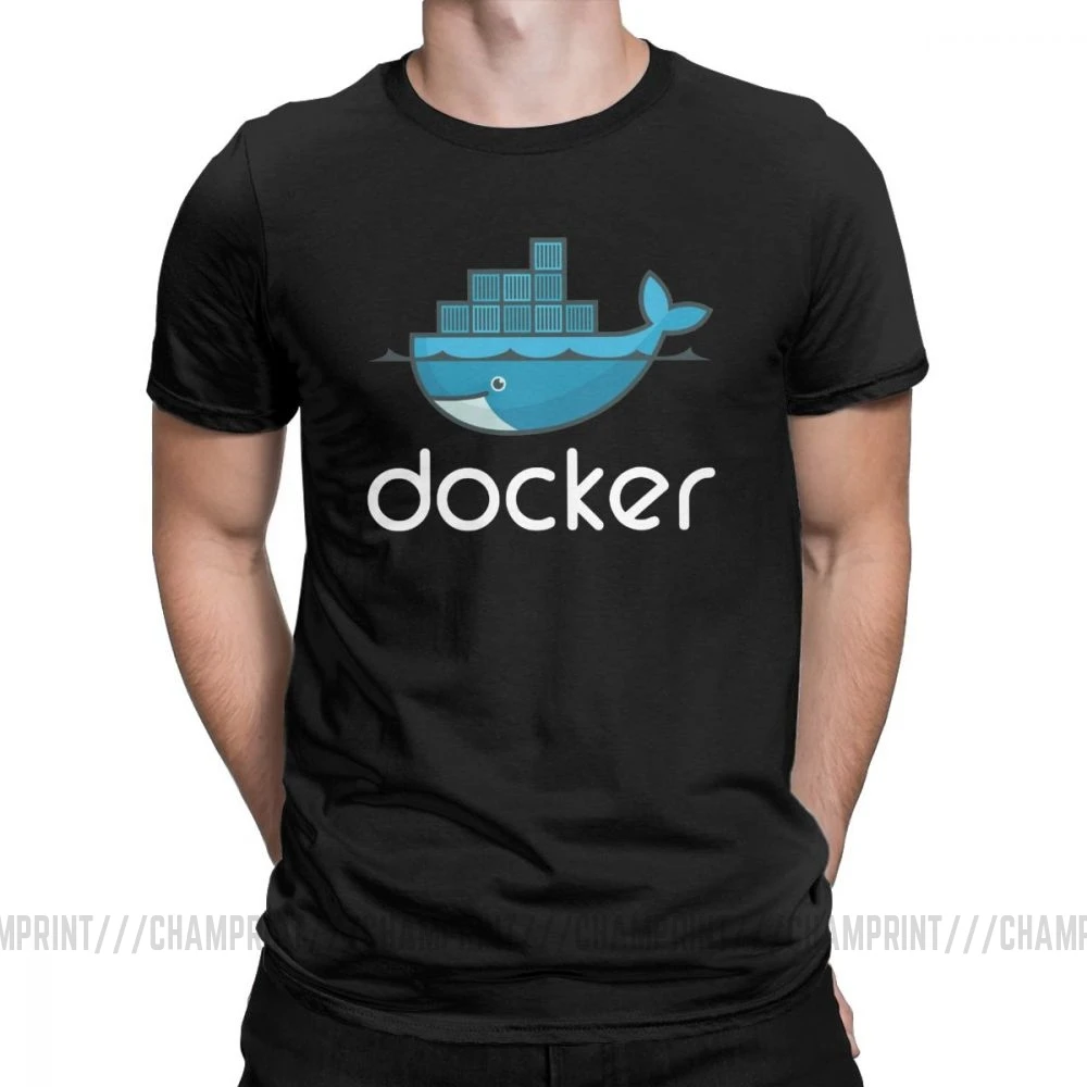 Черный Мужская футболка с логотипом Docker, Linux, Javascript, компьютерная хлопковая одежда, Забавные футболки с коротким рукавом и круглым вырезом, графические футболки - Цвет: Черный