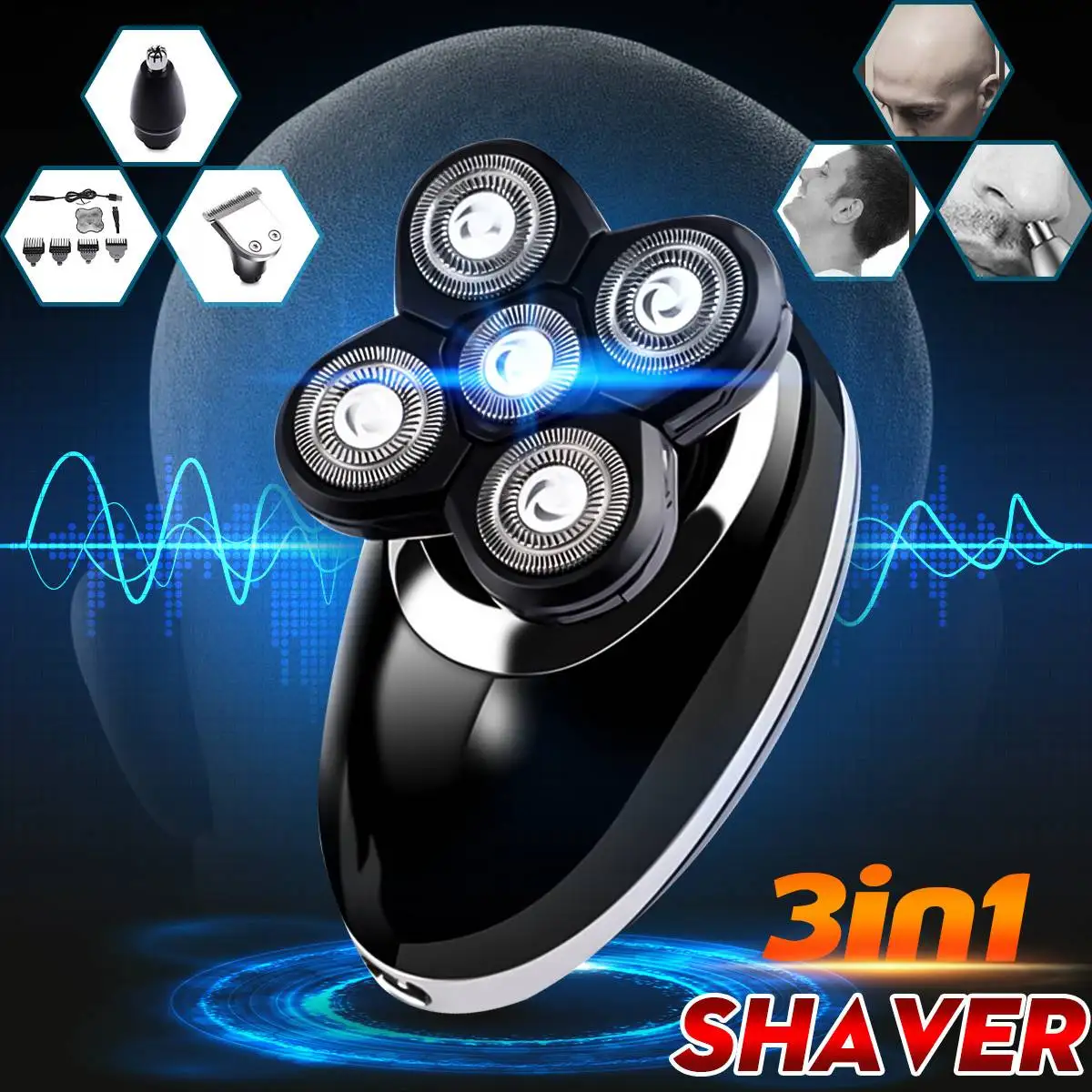 

SPZ 3 in 1 USB Male Electric Shaver Rechargeable Washable Bald Head Rotary Beard Shaver Razor Hair Trimmer Clipper Grooming Kit