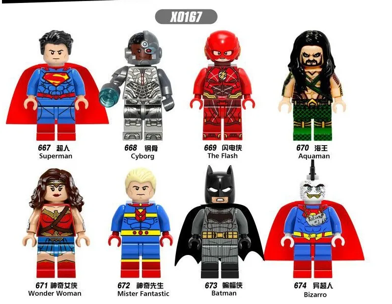 

Legoed Cartoon superman Cyborg The Flash Aquaman Wonder Woman Batman Bizarro Building Blocks Figures Children Gift Toys