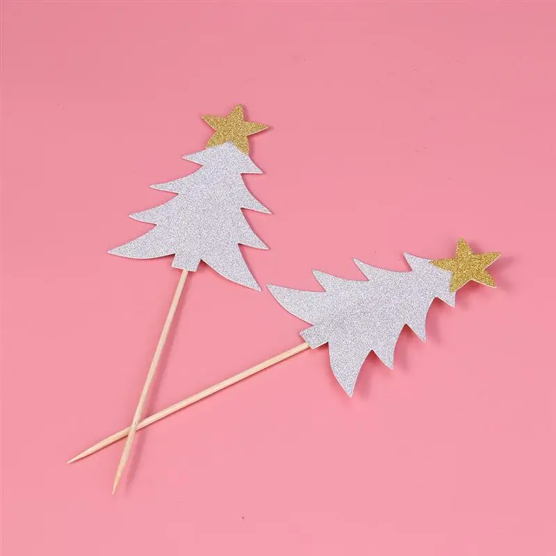10 PCS Cupcake Topper Decorative Christmas Trees Cupcake Picks Star for Party Decoration(Silver
