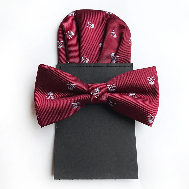 

Pocket Towel Insert Bowtie Set Men's Tie Red Silk Bow Tie Skull Necktie Pocket Square Hanky for Tuxedo Shirt Banquet Bowknot