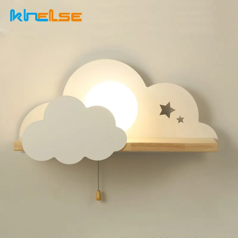 

Kids Creative Children Bedroom Bedside Lamp Nordic Macaron Boys Girls Cloud Wall Lights Wooden ON/OFF Reading Wall Sconce Decor