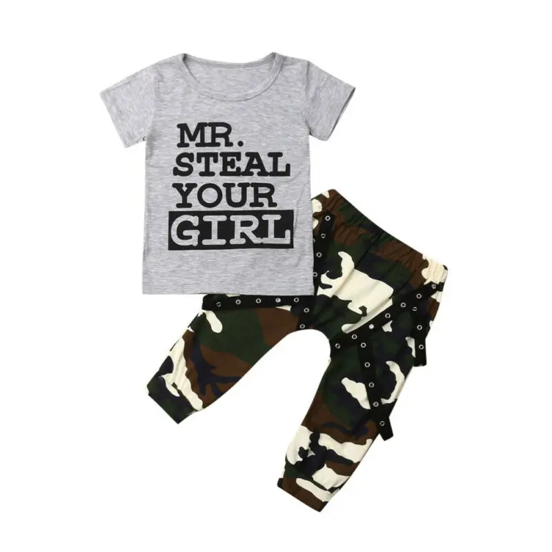 

Handsome Baby Boy Camouflage Outfits Toddler Kids Gray Short Sleeve T Shirts + Army Green Long Pants Summer Clothes 2 Piece Set