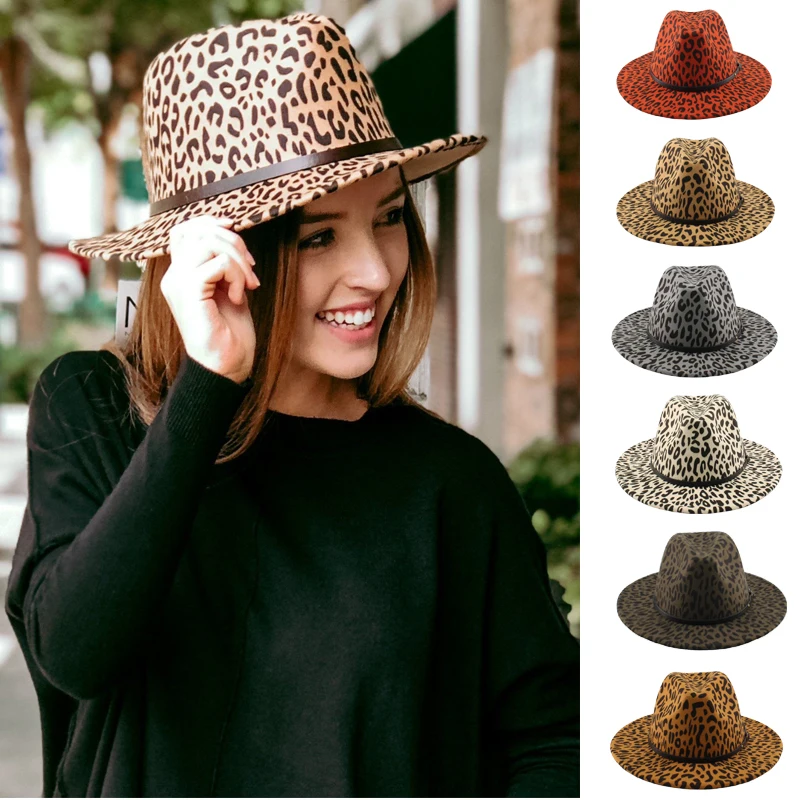 

Men Women Wool Blend Leopard Print Panama Hats Wide Brim Sunhats Fedora Cap Trilby Jazz Outdoor Travel Party Street Style Size L