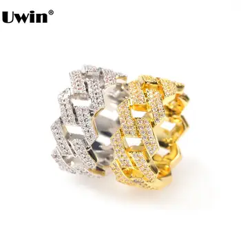

UWIN Fashion Jewelry 10.5mm 2 Rows CZ Cuban Link Rings for Men&Women Iced out Fashion Copper Rings Hip Hop Jewerly Accessories