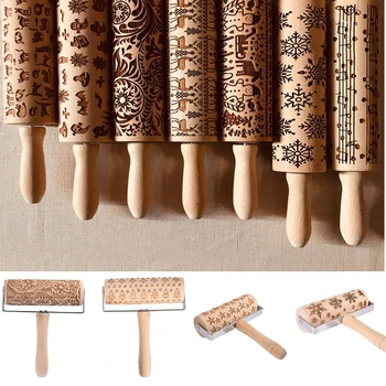 

Baking Cookies Rolling Pin Noodle Biscuit Fondant Cake Dough Engraved Roller Reindeer Snowflake Christmas Tree Embossing Cat