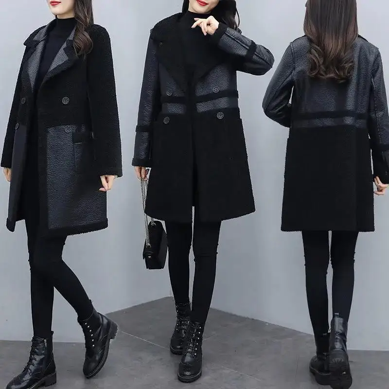 여성용 가죽 재킷, 중간 길이 바람막이 외투, 벨벳 두꺼운 코트, 2023 XL-6XL, 가을, 겨울