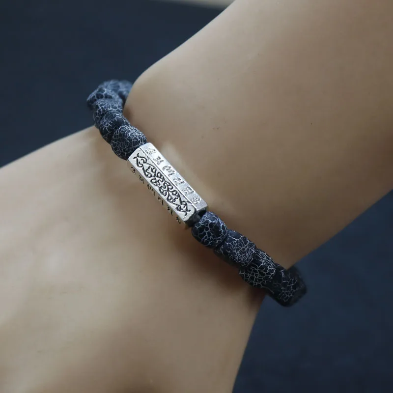 2020 Tibetan Buddha Six Words Mantra Bracelet Men Natural Square Weathered Onyx Spiritual Bracelets Women Gift For Him DX-19 | Украшения и