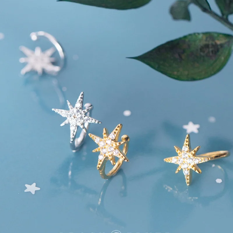 

Real 925 sterling Silver Star Ear Clip Female Korean Small Fresh cz crystal zircon Insert Sweet no Ear Hole Jewellery party gift
