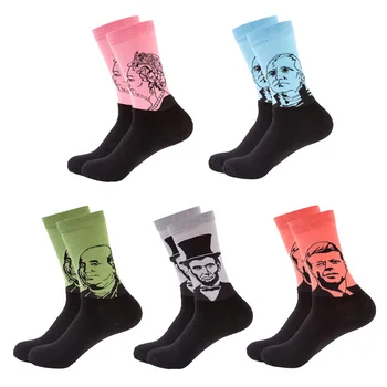 

Men's Cotton Happy Art Socks With Print Lincoln Washington Portrait Retro Painting Socks Autumn Winter Funny Van Gogh Socks Crew