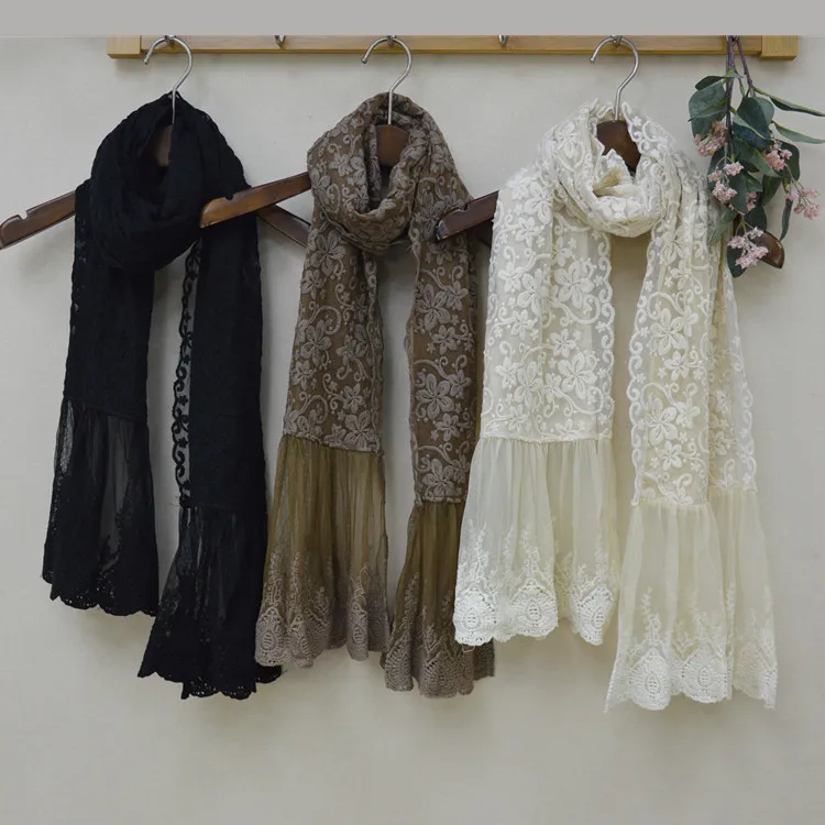 Female Cotton Linen Lace Embroidered Scarf Women's Retro Long Hijab Scarf Japan Mori Girl Sweet Beauty Ponchos Capes Lace Scarf