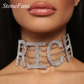 

Stonefans New Fashion Rhinestone Big Letter Choker Necklace for Women RICH MONEY Statement Collar Necklace Crystal Chain Jewelry