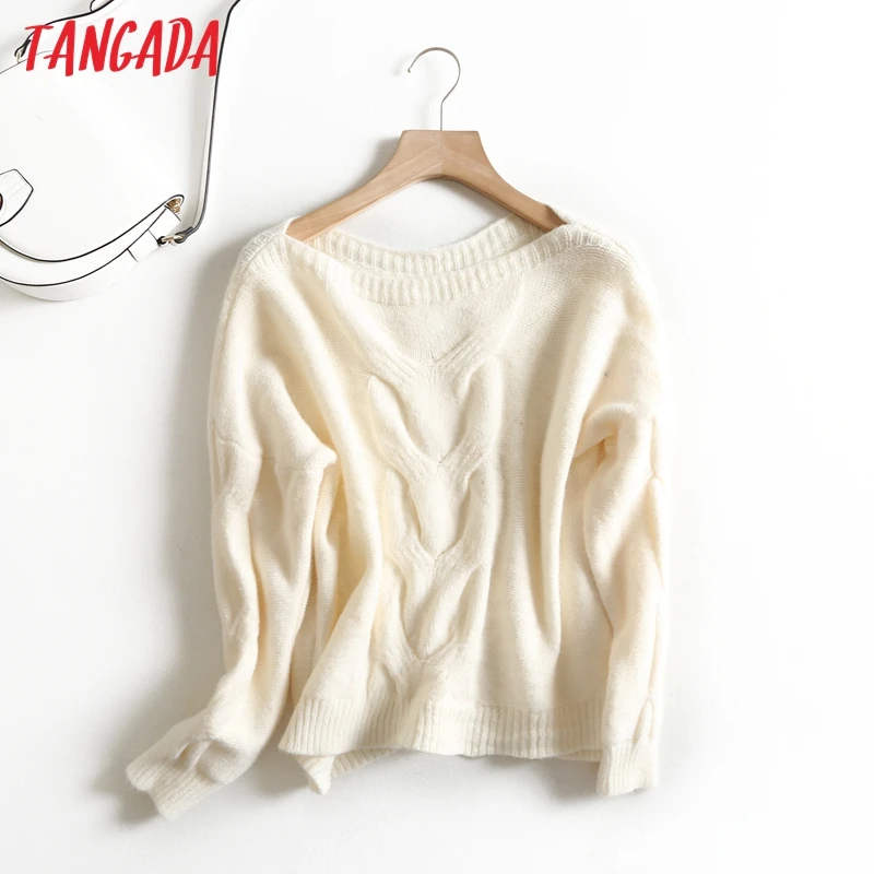 Tangada оверсайз твердый свитер женский джемпер зимний винтажный теплый вязаный свитер женский школьный стиль pull femme BC36 - Цвет: Бежевый