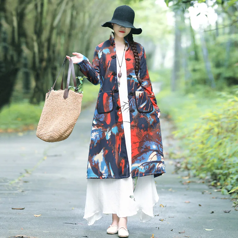 Vintage Winter Jacket Women Printed Cotton Linen Long Coat Women Stand Collar Long Sleeve Buttons Pocket Parka Ethnic Outerwear