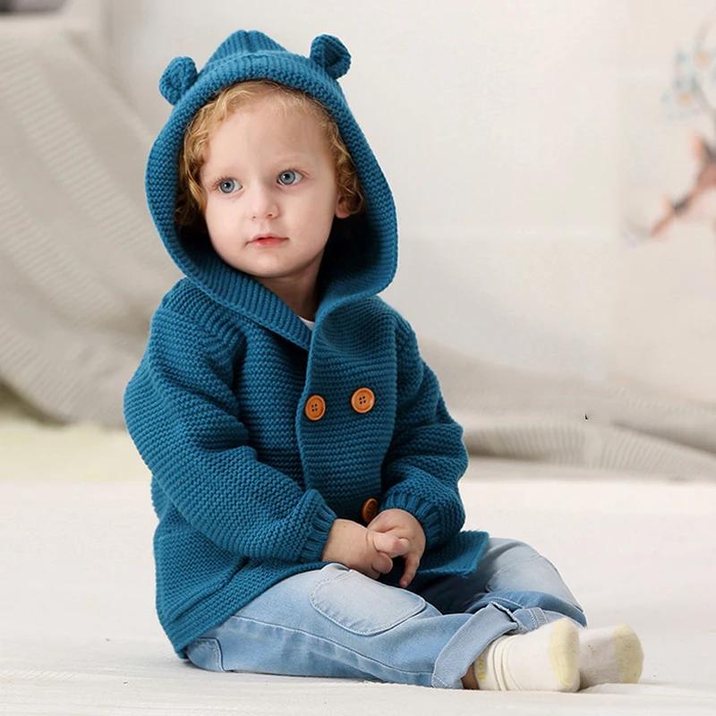 DovFanny Baby Sweater Knit Solid Color Round Neck Cardigan Outwear Newborn Winter Warm Long Sleeve Coat for Baby Boys Girls 