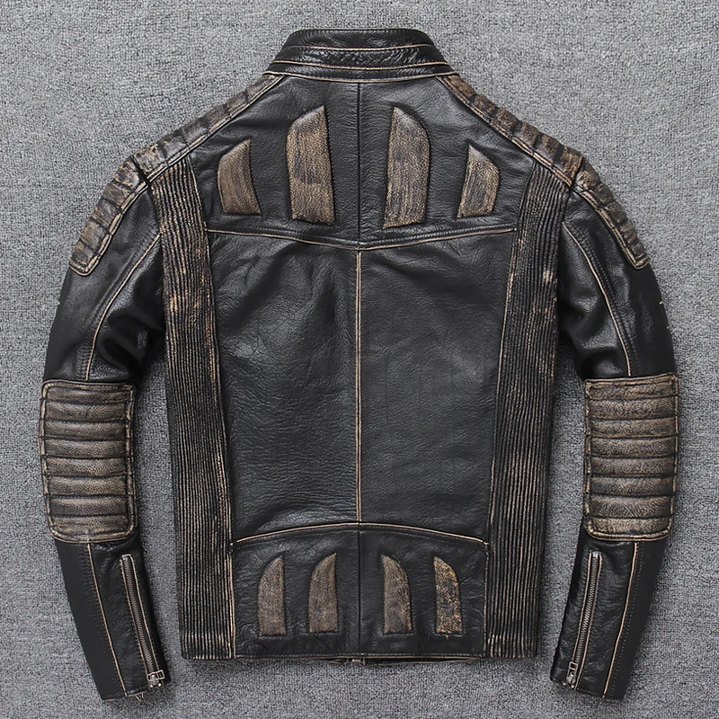 

2020 Retro Vintage Black Men Slim Fit Biker's Leather Jacket Plus Size XXXXXL Genuine Cowhide Motorcycle Coat FREE SHIPPING