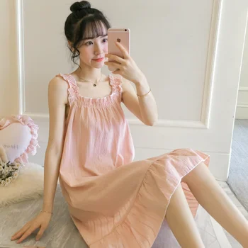 

Nightdress Women's Summer Pure Cotton Sexy Thin Pajamas Korean-style Fresh Students Spring Summer Princess Style Home Clothes