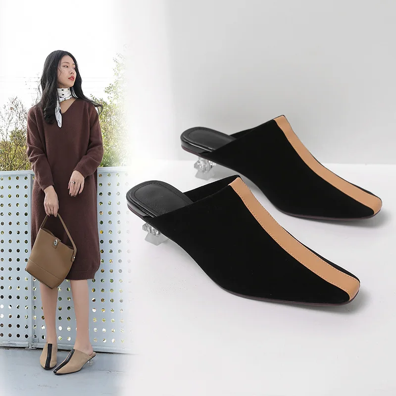 

2019 Spring New Style Online Celebrity Celebrity Style shui jing gen Slipper Women's Man-made Diamond Europe And America Square