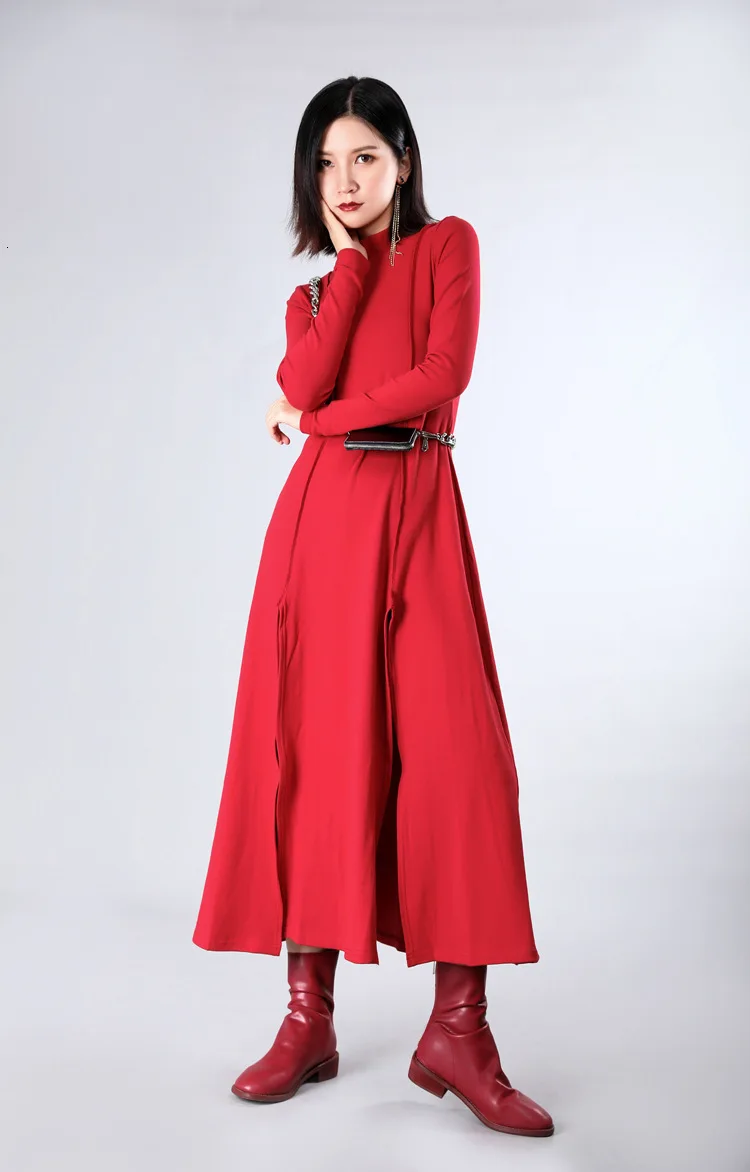 [EAM] Women Dress New Stand Neck Long Sleeve Loose Fit Split Joint Spliced Sheath Temperament Fashion Spring Autumn JZ343