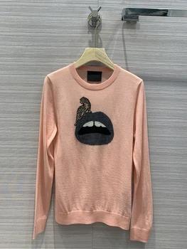 

2020 Women Autumn New Product Mink Lip Pattern Jacquard Wool Pullover Sweater