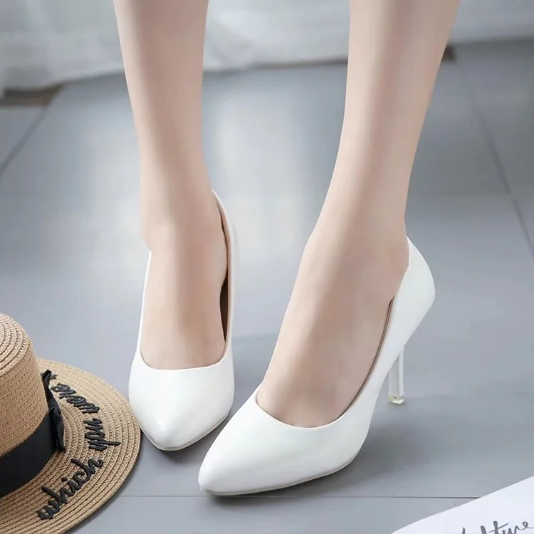 Zapatos de tacón alto de cabeza redonda para mujer, calzado de trabajo de talla grande 41,42,43, blanco, elegantes, individuales y atractivos zapatos de tacón