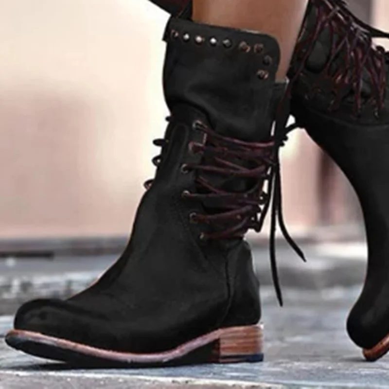

Women Rivet Mid Calf Boots PU Leather Lace-Up Zipper Thick Heel Boots Short Tube Women's Shoes Fashion Female Martin Boots