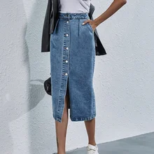 2021 Summer Women High Waisted Button Up with Pockets Ladies Washed Vintage Streetwear Slit Jean Skirts Blue Denim Midi Skirt