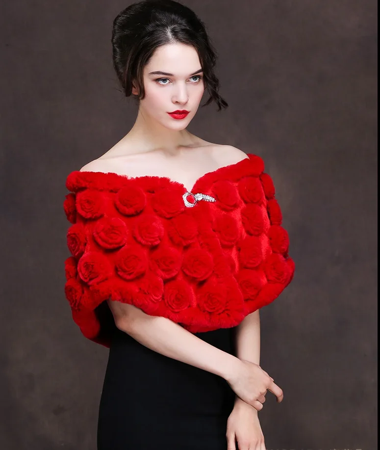 Real Fur Shawl Wraps Rex Rabbit Fur Warm Rose Cape Women Wedding Party 140*40cm