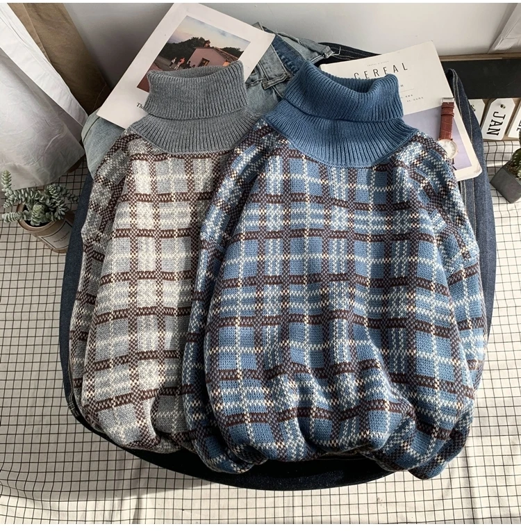 Winter Turtleneck Sweater Men's Warm Fashion Casual Retro Knit Pullover Men Streetwear Plaid Sweater Male Sweter Clothes