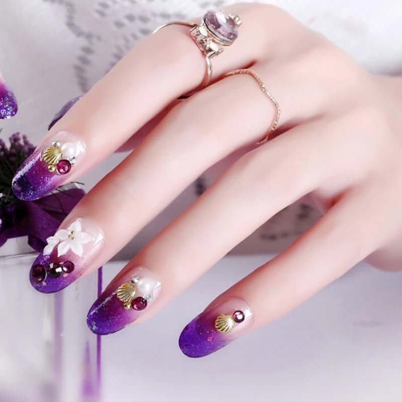 24pcs Purple Color False Nails Natural Flower Carved Women Fashion Nail Art Tips  Long Size Fake Nailswith 2g glue Glue New