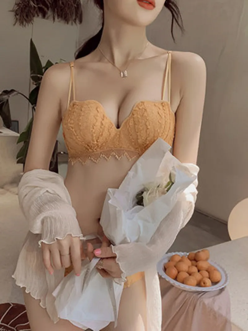 Женское нижнее белье без колец, сексуальный кружевной костюм для девочек, регулируемый тонкий осенний красивый бюстгальтер с маленькой грудью, кружевное нижнее белье, костюм
