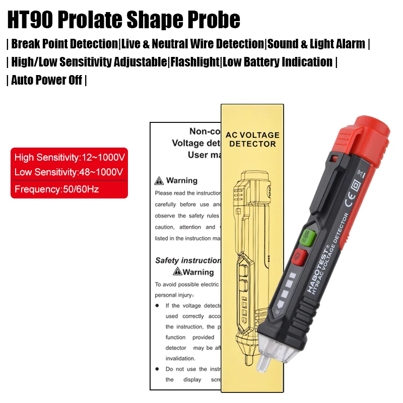 Voltage Indicator Non-contact Wire Break Detector Smart Electric Tester Live Null Check Hi Low Sensitivity AC 12-1000V HABOTEST electromagnetic field meter Measurement & Analysis Tools