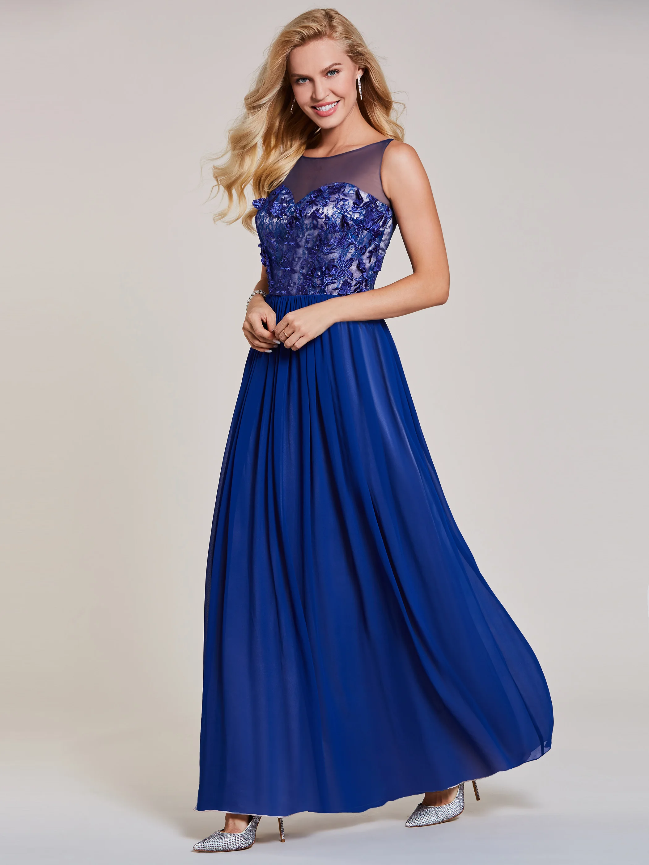 

Appliques Embroidery Blue Evening Dress Women Sleeveless A Line Gown Party Long Dress Elegant Formal Chiffon Vestido De Fiesta