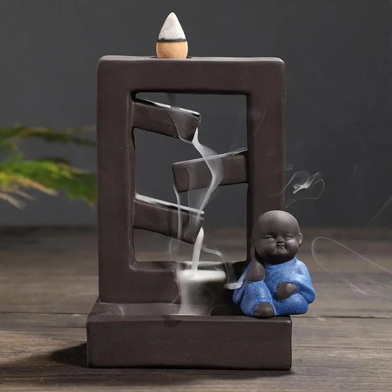 

Small Buddha Backflow Incense Burner The Little Monk Incense Sticks Holder Home Decor Smoke Waterfall Ceramic Handmade Censer