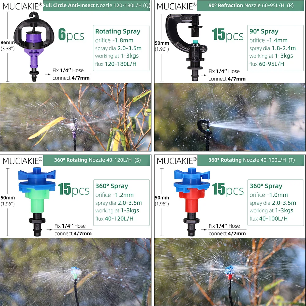 MUCIAKIE 24 Kinds of Garden Sprinklers Nozzles with 1/4'' Barb Joint 90 180 360 Refraction Roatory Irrigation Hanging Spray Head