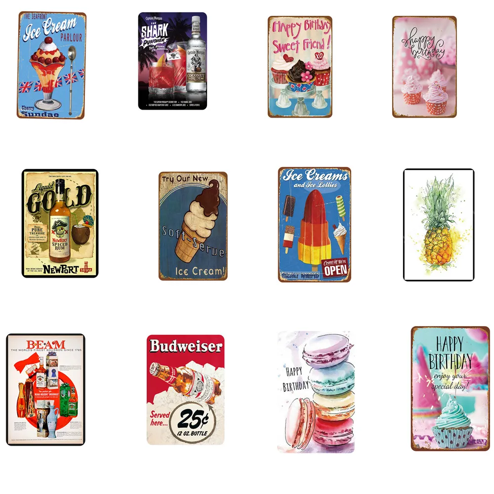 

CakePineappleWine Bottle Retro Tin Sign Coffee Bar Restaurant Wall Art decoration Bar Metal Paintings Retro Iron Painting