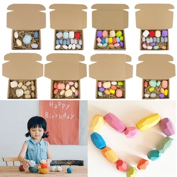 

5/10/16Pcs Children's Wooden Colored Stone Building Block Educational Toy Creative Wooden Stacking Game Rainbow Toy