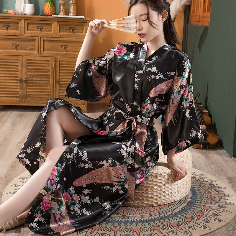 

Japanese Kimono Style Sleeping Pajamas Bath Robe Yukata Homewear Sexy Satin Cardigan Summer Autumn Floral Peacock Print