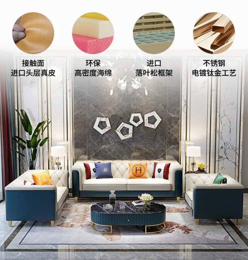 

Modern luxury leather sofa Hong Kong style model room light luxury furniture American style European villa leather sofa