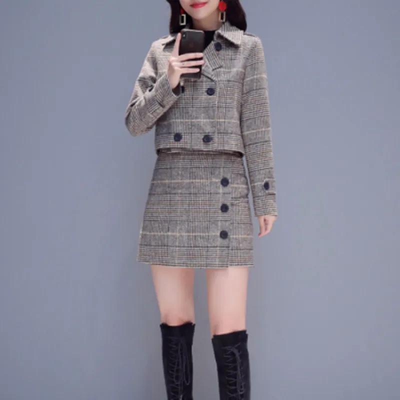 

YUZACDWX 2019 New Arriva autumn Runway Fashion Women Business Plaid tweed Jacket Coat Suits + Elegant 2 piece women skirt suit