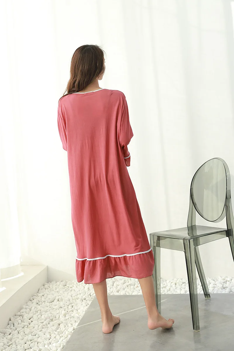 Autumn New Style Large Size Pajamas Dress Plus-sized Womenswear Size Long Sleeve Nightgown Loose-Fit Slimming Contrast Colo