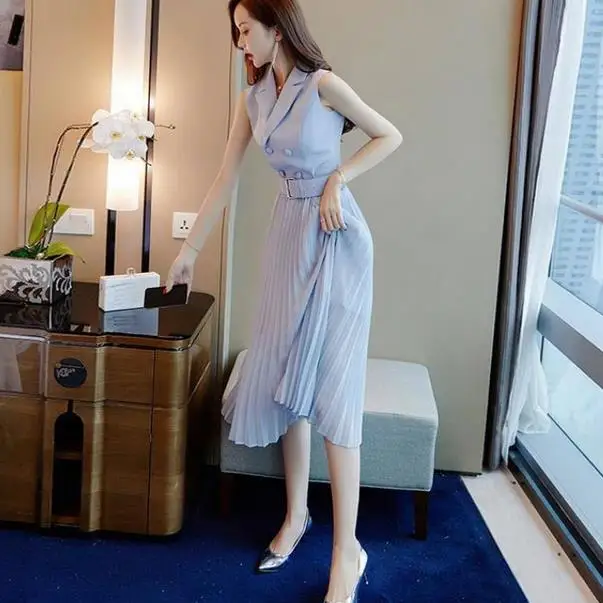 Женское шифоновое платье без рукавов плиссированное небесно-голубого цвета с